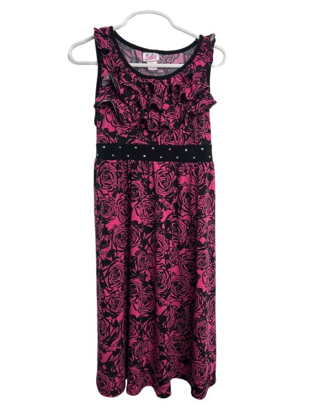 Justice Girls Size 12 Pink Black Floral Sleeveless Ruffle Dress